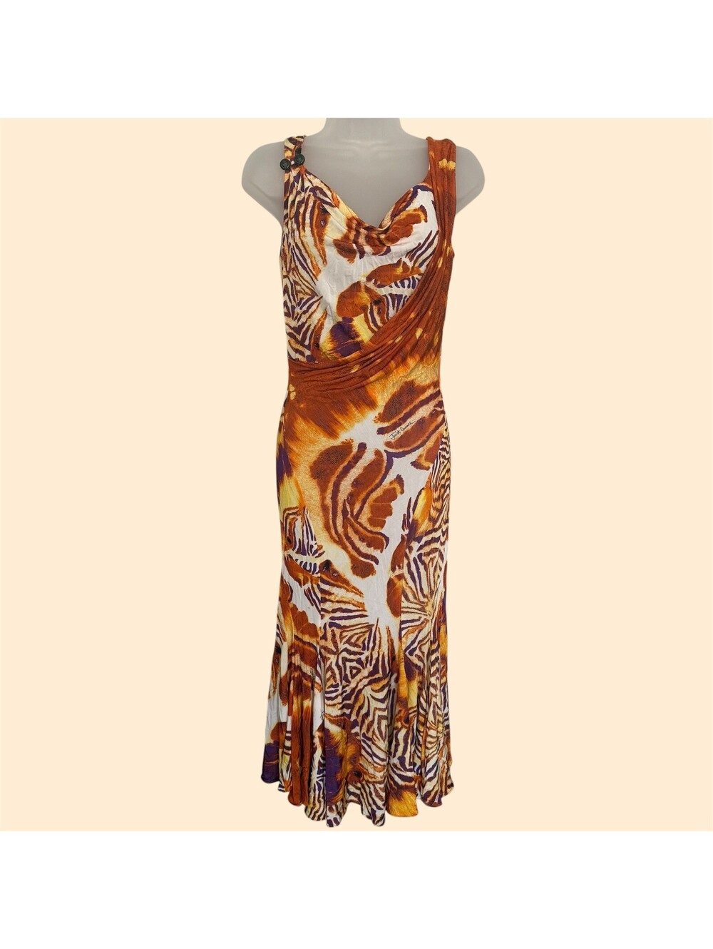 Just Cavalli Roberto Cavalli Tiger Print Open Back Cowl Neck Midi Dress IT 42